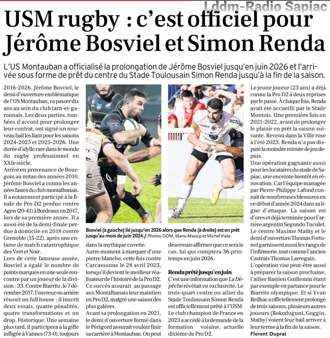 INFOS ce JEUDI 1ER FÉVRIER 2024 (Matinée) > ACTUS USM – Pro D2 - VIDÉO <> Très bonne Nouvelle > USM SAPIAC - OFFICIEL > Jérôme BOSVIEL PROLONGE jusqu'en 2026 <> GRENOBLE récupère 4 points – CLASSEMENT Pro D2 RÉACTUALISÉ Qg0qhe