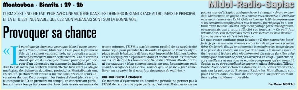 INFOS ce LUNDI 23 SEPTEMBRE (Matinée) > Pro D2 – J5 > NEVERS / USM ce Vendredi 19H30 au stade du pré fleuri <> RÉSULTAT  J4 > USM 29 - 26 BIARRITZ (Bd) > ACTUS MIDOL <> RÉSULTAT > ESPOIRS USM > (Bd) BÉZIERS 30 – 31 USM <> RÉSULTATS RUGBY RÉGIONAL Qh6esb