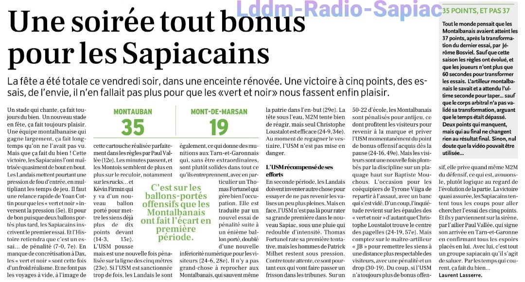 INFOS ce SAMEDI 07 SEPTEMBRE (Matinée) > RÉSULTAT Pro D2 - 2ÈME Journée > Hier soir à Sapiac > (BO) USM 35 - 19 MONT de MARSAN <> Tous les RÉSULTATS > Le CLASSEMENT <> L'ANALYSE et la FICHE TECHNIQUE du MATCH <> RUGBY RÉGIONAL Qhg1os