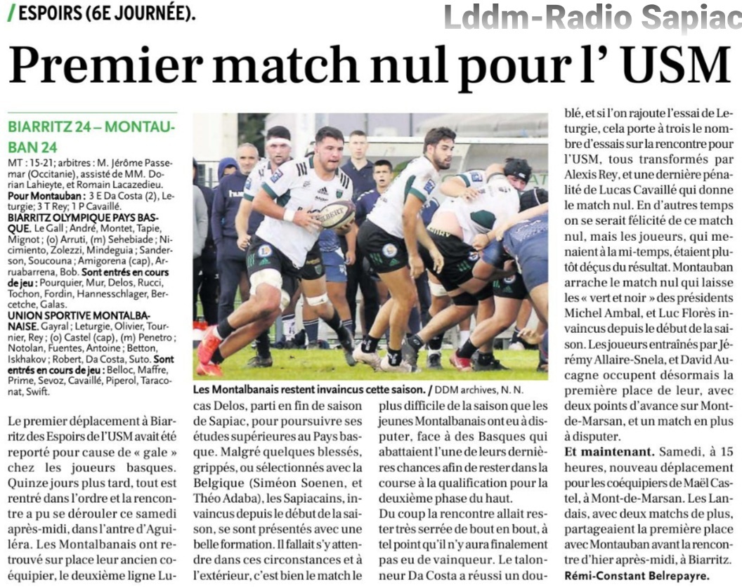 INFOS ce DIMANCHE 4 FÉVRIER 2024 (Matinée) > Pro D2 -J19 > J -5 du Match de Gala > USM / BÉZIERS ce Vendredi 9 Février à Sapiac <> RÉSULTAT ESPOIRS ACCESSION > Match en Retard > BIARRITZ 24 - 24 USM <> Le PROGRAMME du RUGBY RÉGIONAL Qv2x4c