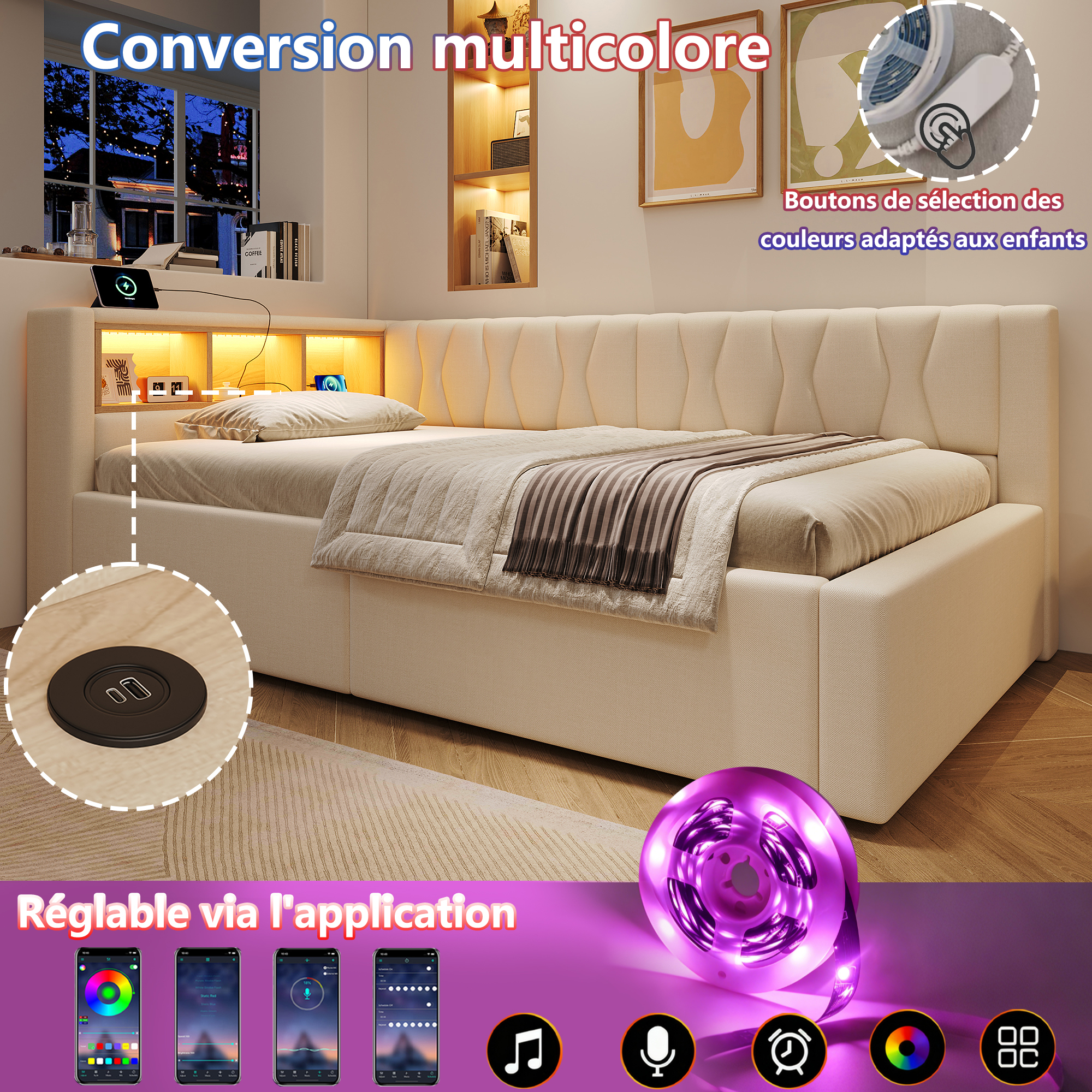 Éclairage LED multicolore intégré au lit banquette