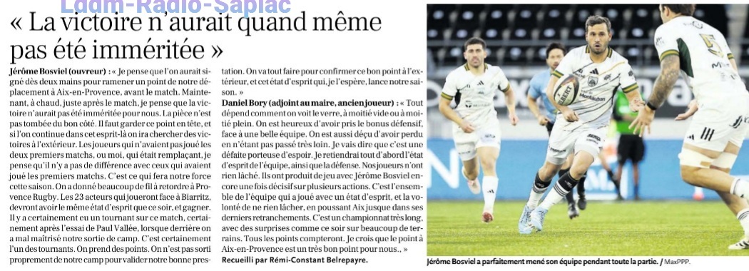 INFOS ce SAMEDI 14 SEPTEMBRE (Matinée) > Pro D2 - J3 > RÉSULTAT > PROVENCE RUGBY 30 - 26 USM (Bd) hier soir au Stade Maurice David <> RETROUVEZ les RÉSULTATS et le CLASSEMENT <> ESPOIRS > Cet après-midi 15H à Sapiac > USM / CARCASSONNE Rc8hyt