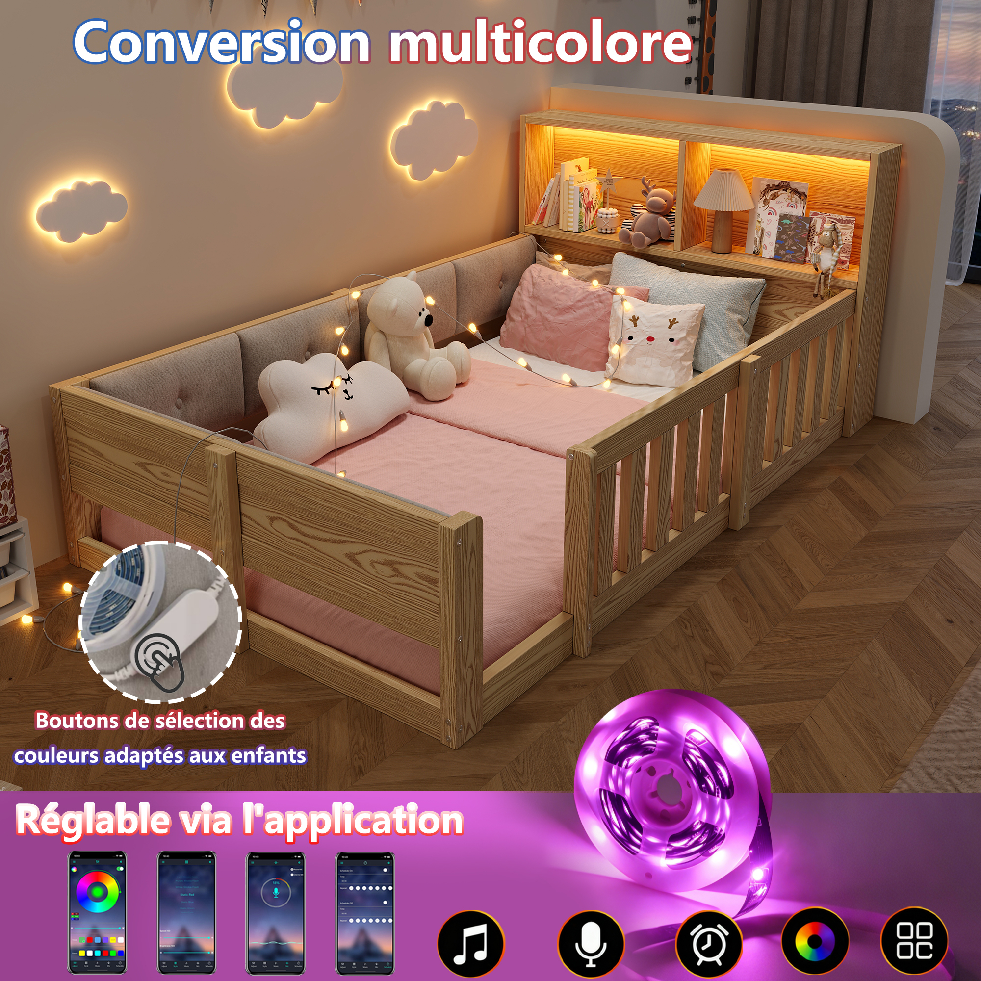 Éclairage LED multicolore intégré au lit enfant