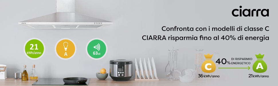 CIARRA Cappa A Parete Piramide 201SS90 Da 90cm - 350m³/h Di Aspirazione 3 Velocità Regolabili Silenziosa 12 CAPPA ASPIRANTE IN ACCIAIO INOX 90CM