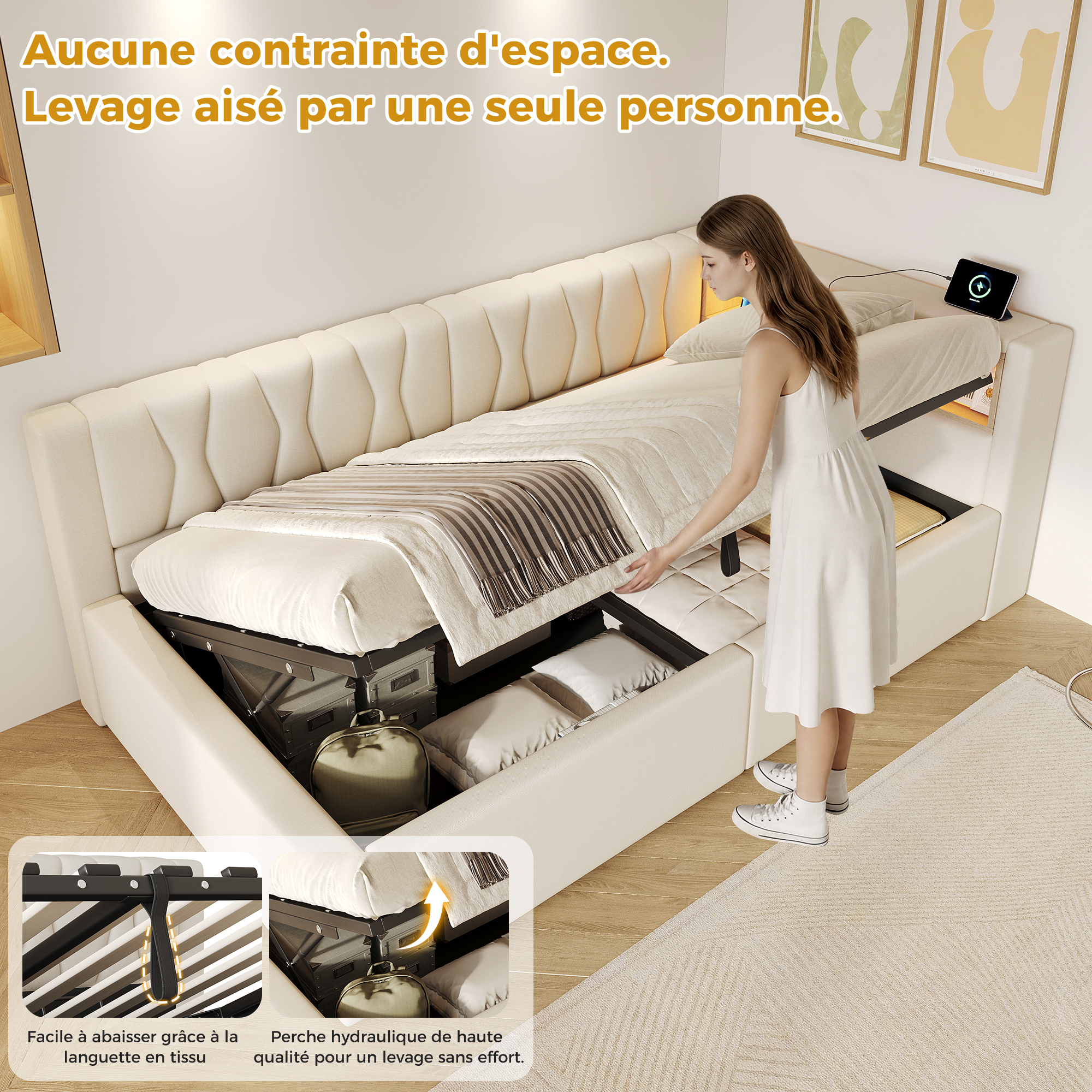 Lit banquette avec coffre de rangement hydraulique