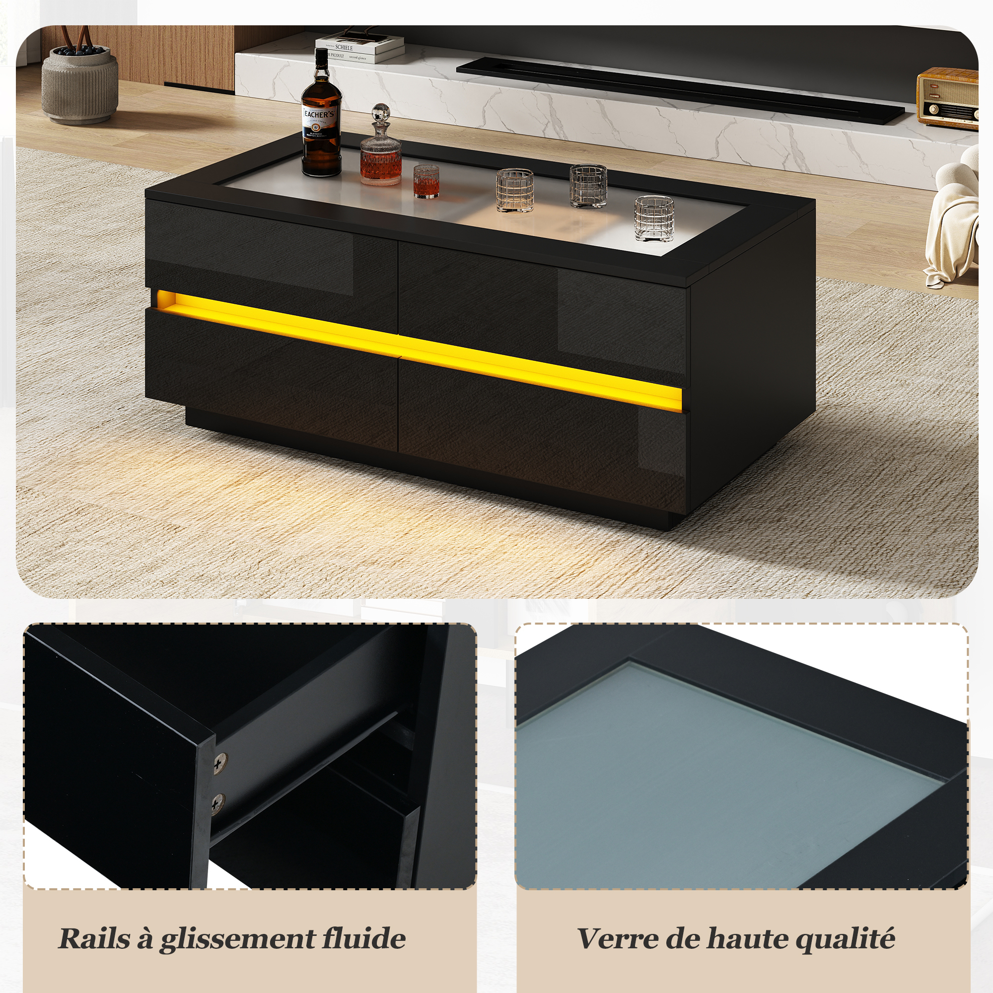 Table basse noire verre trempé - vue d'ensemble