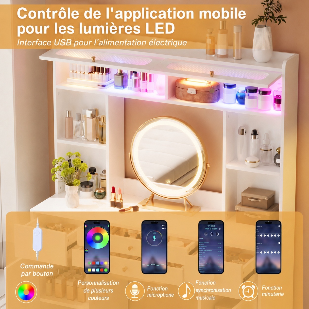 Éclairage LED supérieur de la coiffeuse contrôlable par application Bluetooth