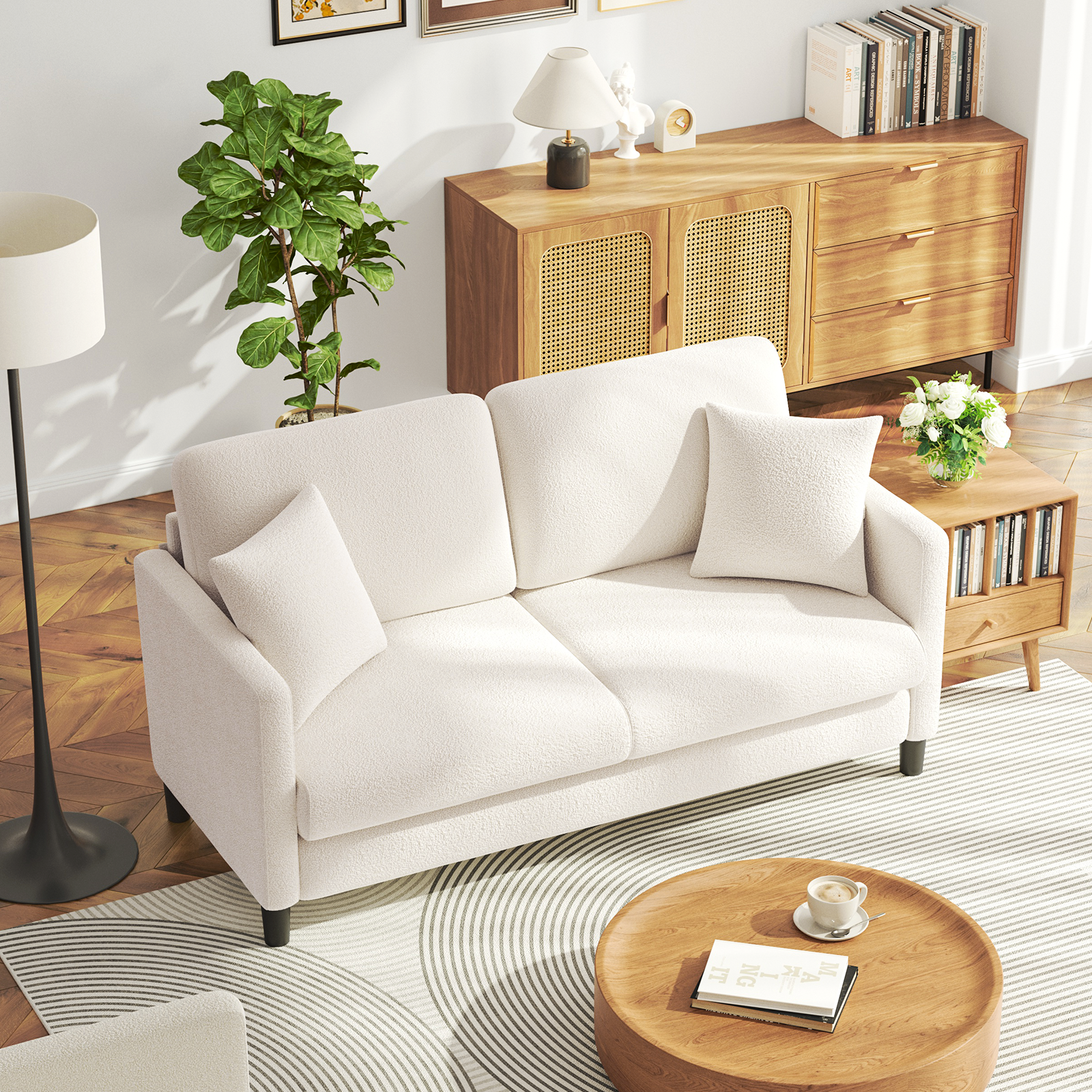 Divano 2 Posti In Velluto Teddy - Design Scandinavo, Legno Massello, Per Soggiorno O Camera - Foto 3