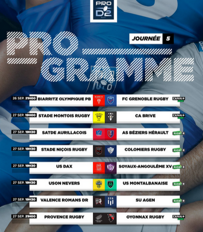 INFOS ce LUNDI 23 SEPTEMBRE (Matinée) > Pro D2 – J5 > NEVERS / USM ce Vendredi 19H30 au stade du pré fleuri <> RÉSULTAT  J4 > USM 29 - 26 BIARRITZ (Bd) > ACTUS MIDOL <> RÉSULTAT > ESPOIRS USM > (Bd) BÉZIERS 30 – 31 USM <> RÉSULTATS RUGBY RÉGIONAL Sflyt0