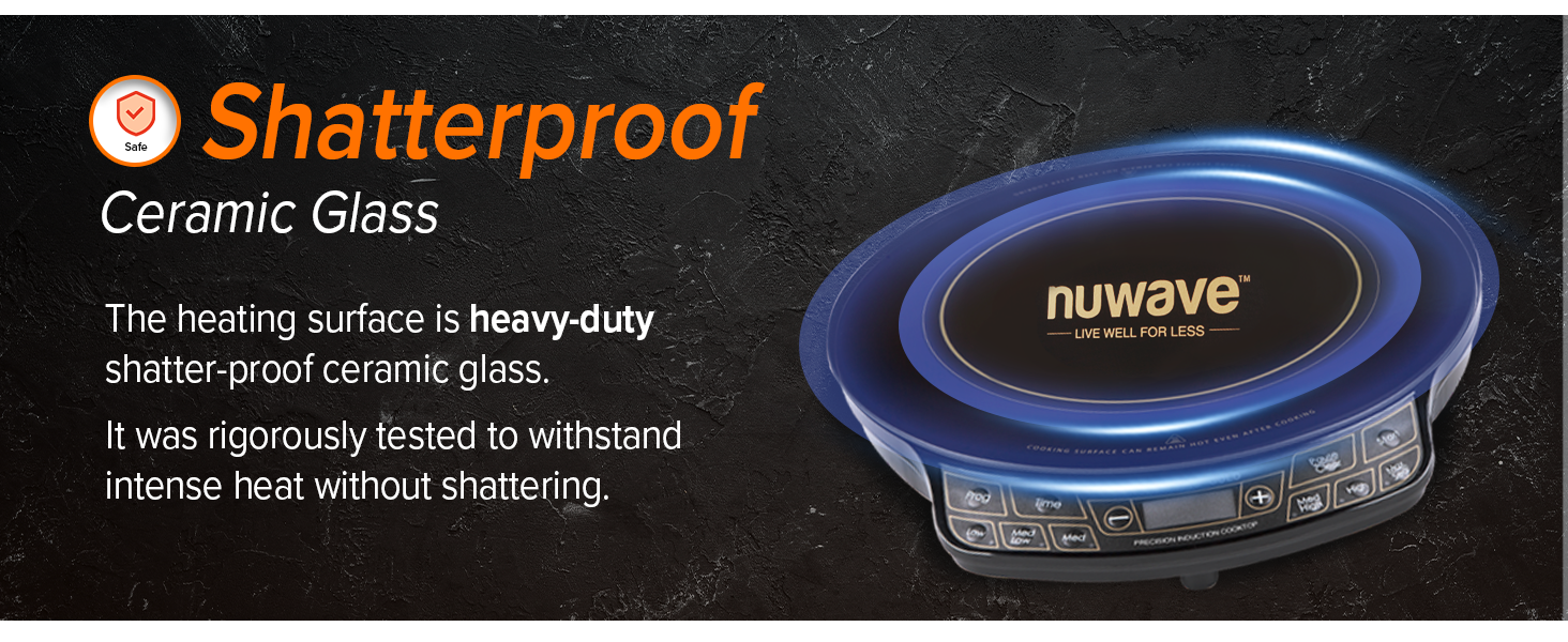 Nuwave Gold Precision Induction Cooktop, Portable, Powerful Large 8”  Heating Coil, 12” Shatter-Proof, Heat-Resistant Ceramic Glass Surface,  10.5” Duralon Healthy Ceramic Non-Stick Fry Pan Included