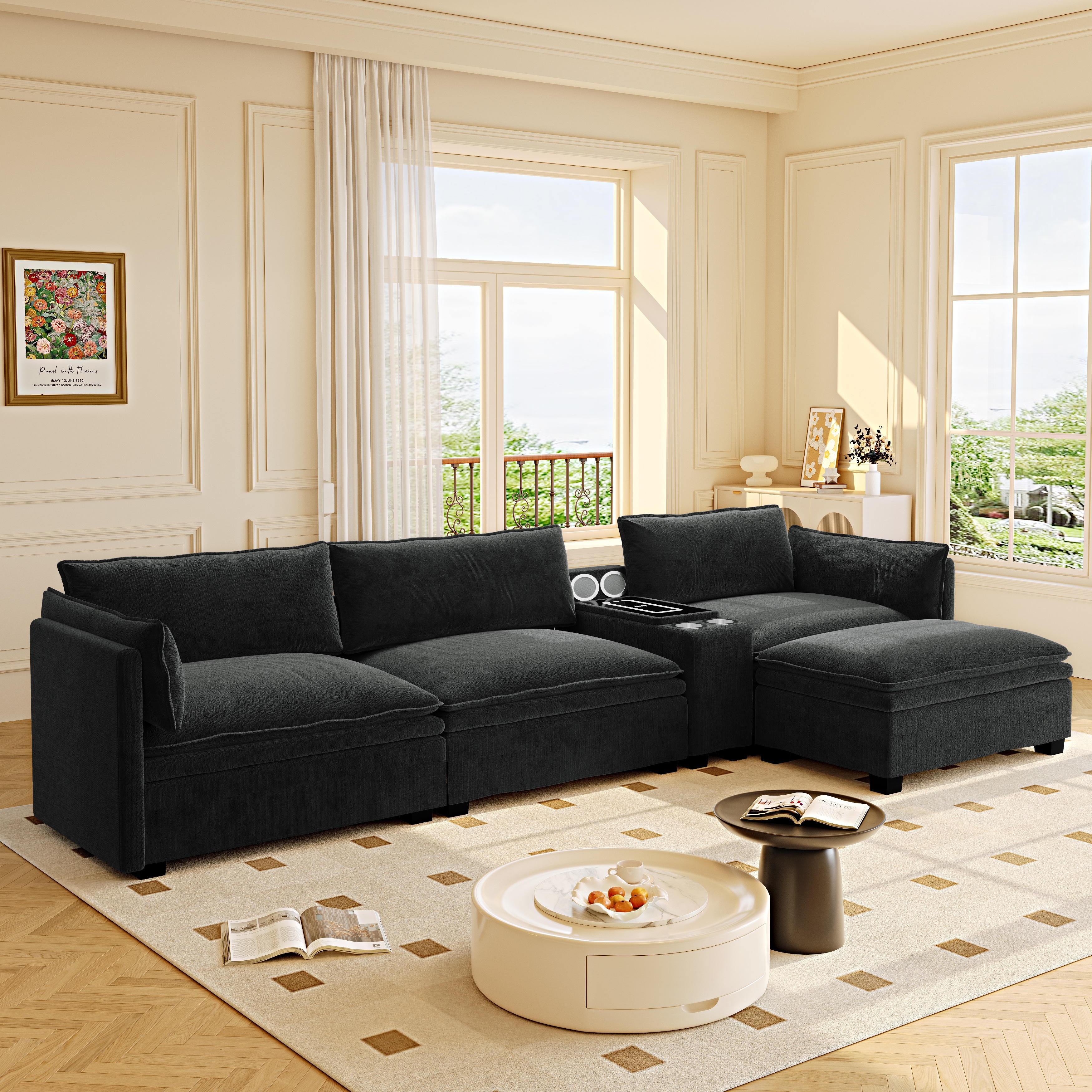 Canapé d'angle modulable en chenille cloud de 315 cm avec espace de rangement