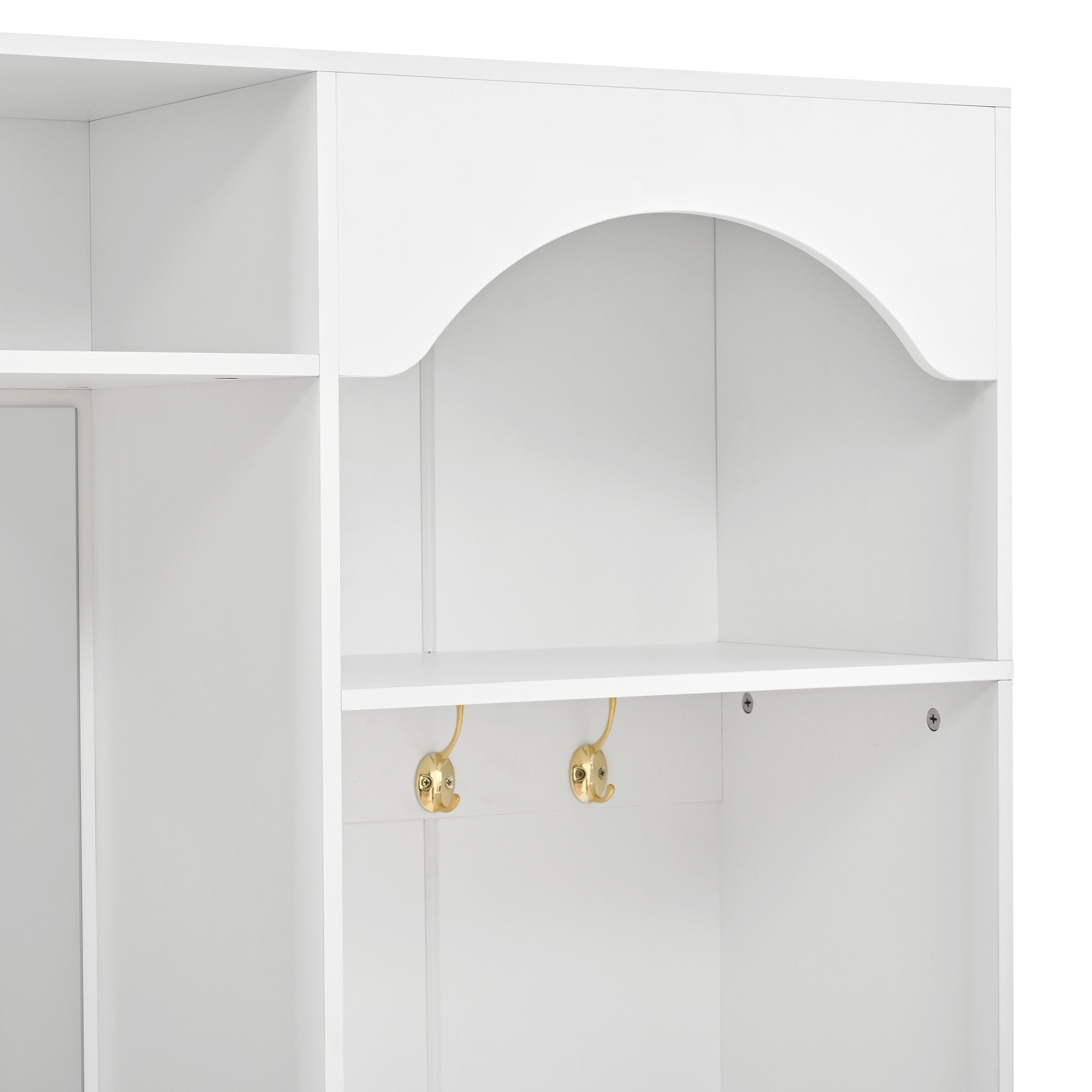 Miroir vertical patères et banquette du meuble d'entrée blanc