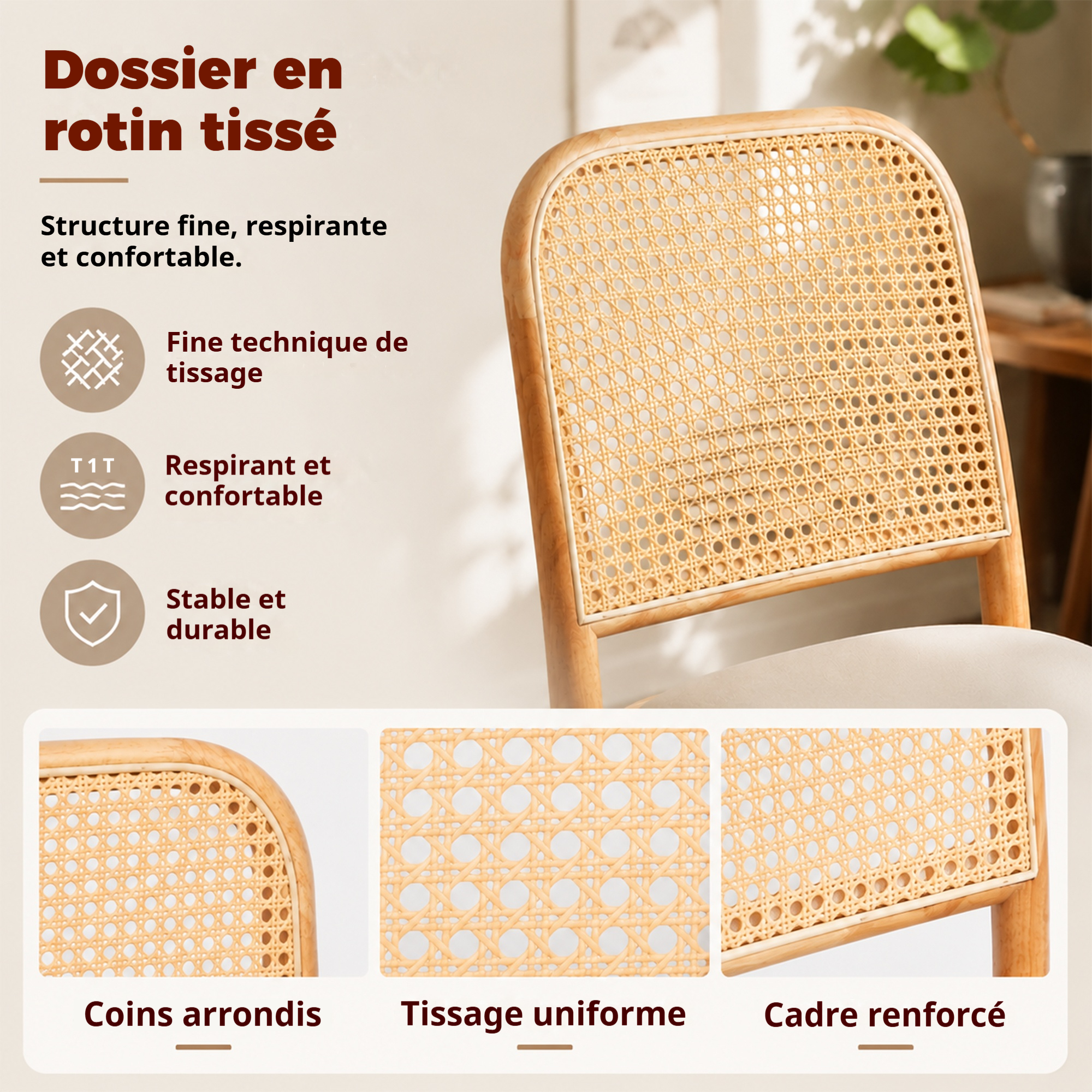 Chaise de salle à manger avec dossier en rotin tressé