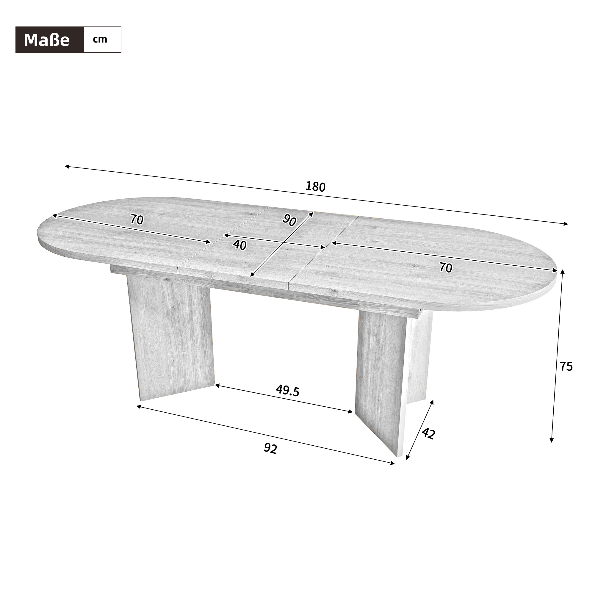 Dimensions détaillées de la table extensible 180 x 90 x 75 cm