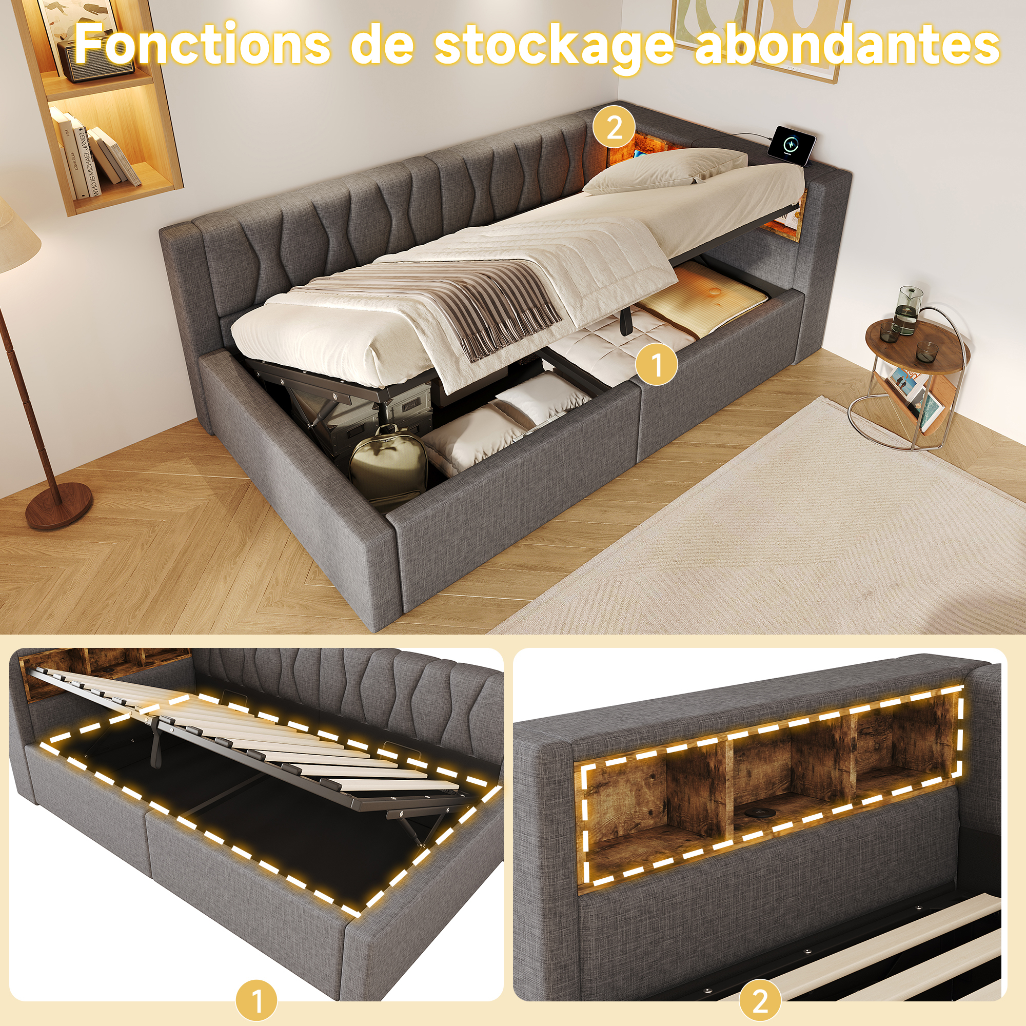 Trois niches de rangement ouvertes avec port USB