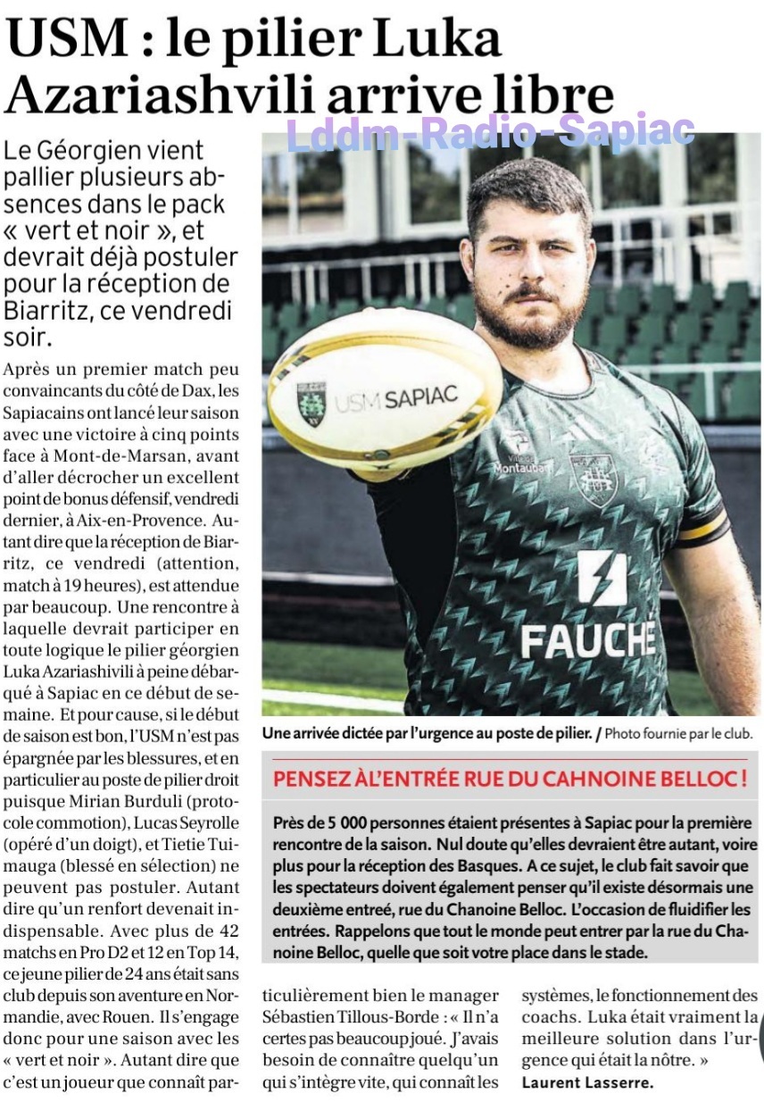 INFOS ce MERCREDI 18 SEPTEMBRE (Matinée) > Pro D2 – J4 > J -2 du match > USM / BIARRITZ ce vendredi 19H Stade de Sapiac <> La suite du PLANNING <> ACTUS Pro D2 – VIDÉOS <> Le pilier droit Géorgien Luka AZARIASHVILI s'engage pour 1 saison à l'USM T86biv