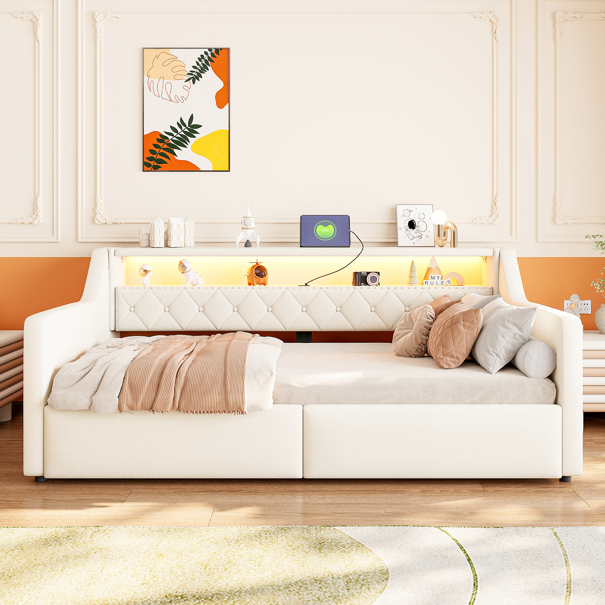 Lit banquette avec ports de recharge intégrés