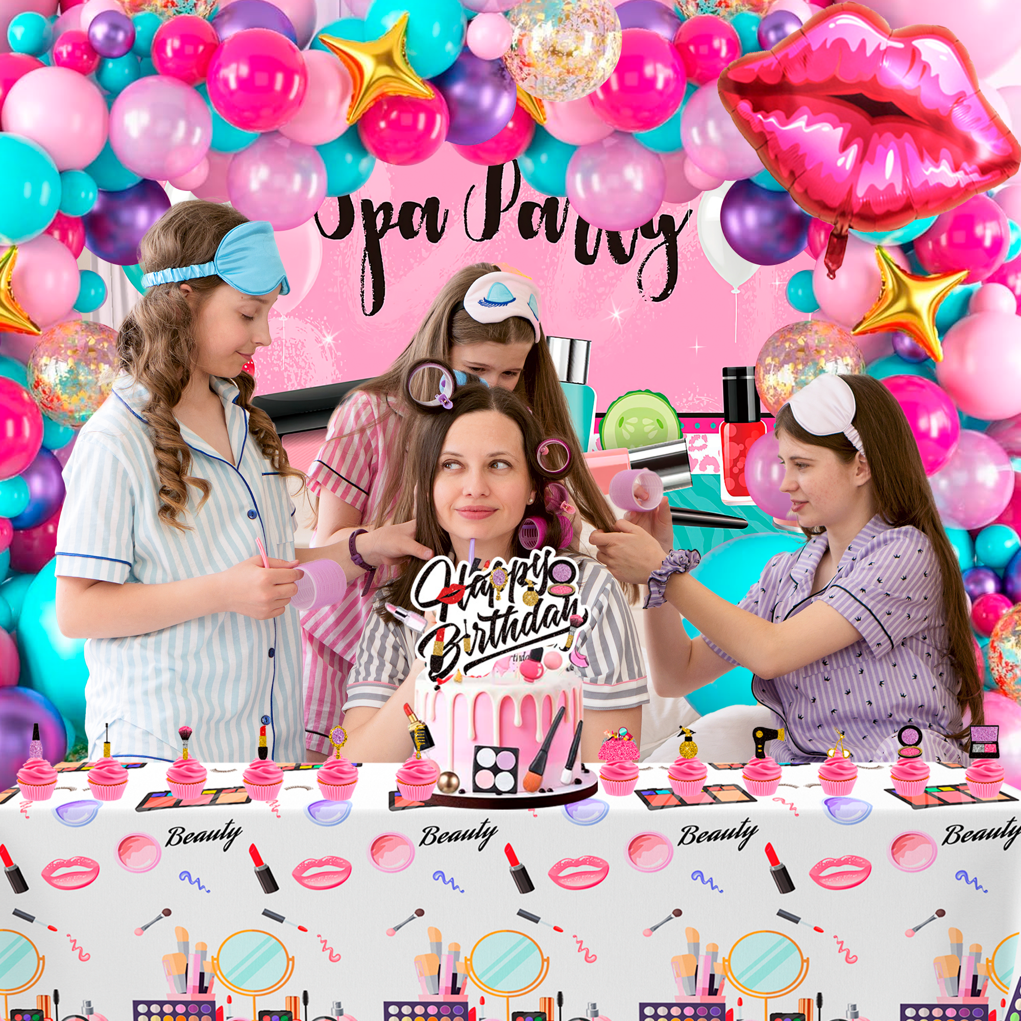 Make-up Geburtstagsdeko Set – 24-teilig Mit Banner, Ballons & Kuchen-Deko Für Spa-Partys & Mädelsabende