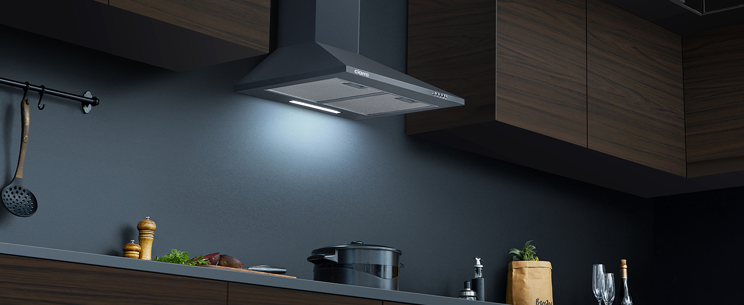 CIARRA Hotte Murale 60cm 370m3/h 2pcs Filtre Actif Recyclage Ou Evacuation 3 Vitesses Eclairage Led Noir 201BK60 Noir 12 ciarra hotte noire murale 60cm