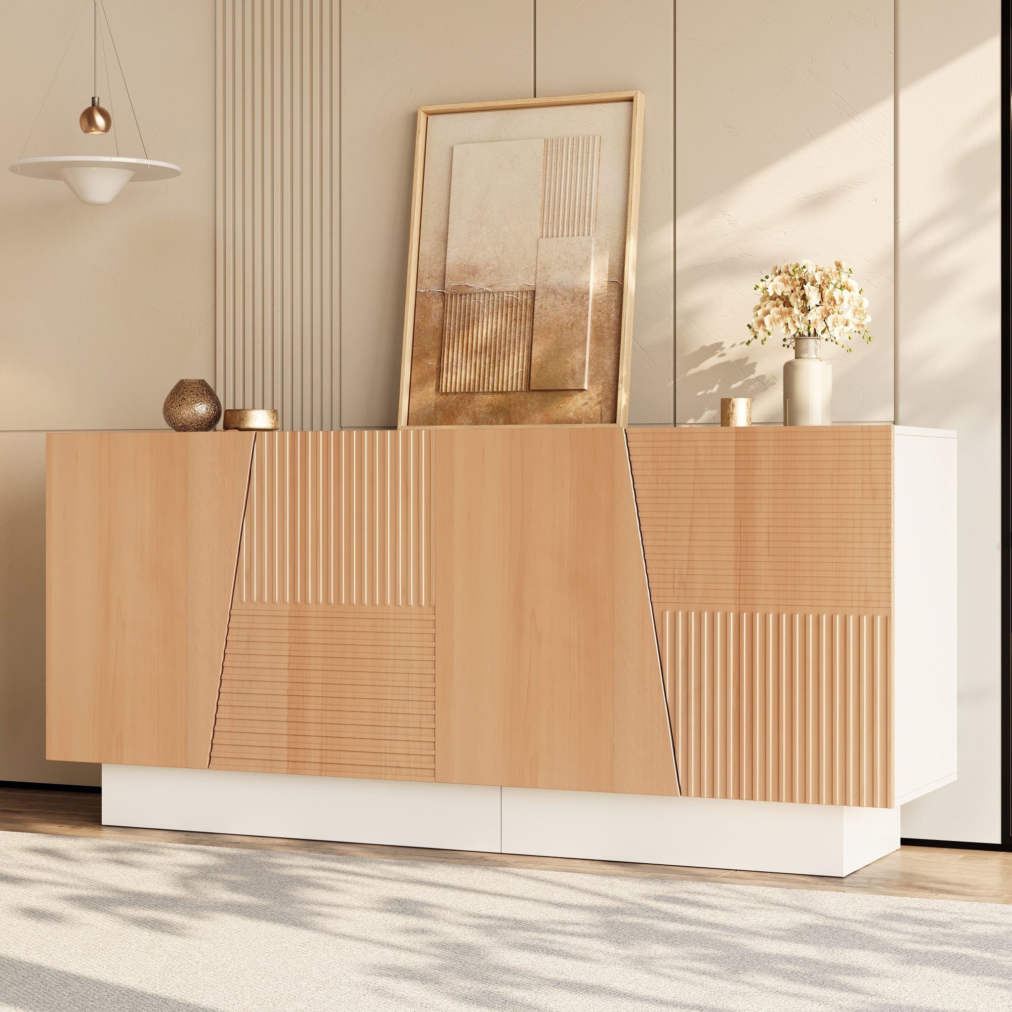 Buffet blanc et bois naturel avec quatre façades graphiques rainurées
