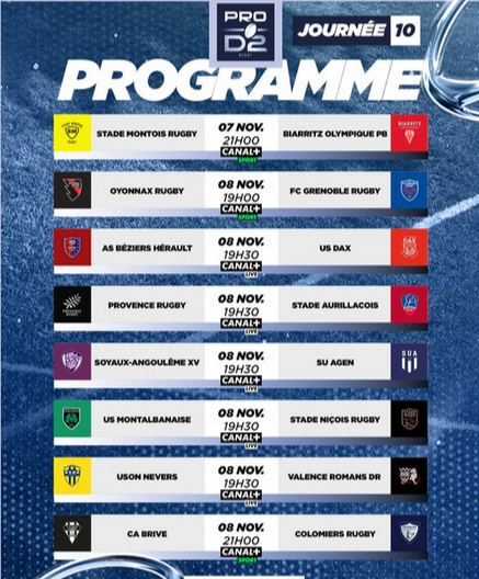 INFOS ce MARDI 8 OCTOBRE (Matinée) > Pro D2 - J6 > J -3 du match de reprise pour les Sapiacains > USM / AURILLAC ce VENDREDI 11 Octobre 19H30 à Sapiac <> Le PROGRAMME de l'USM de ce 2ÈME BLOC <> FÉDÉRALE 2 FÉMININES > (BO) USM 22 - 3 RUGBY QUERCY Thp4i6