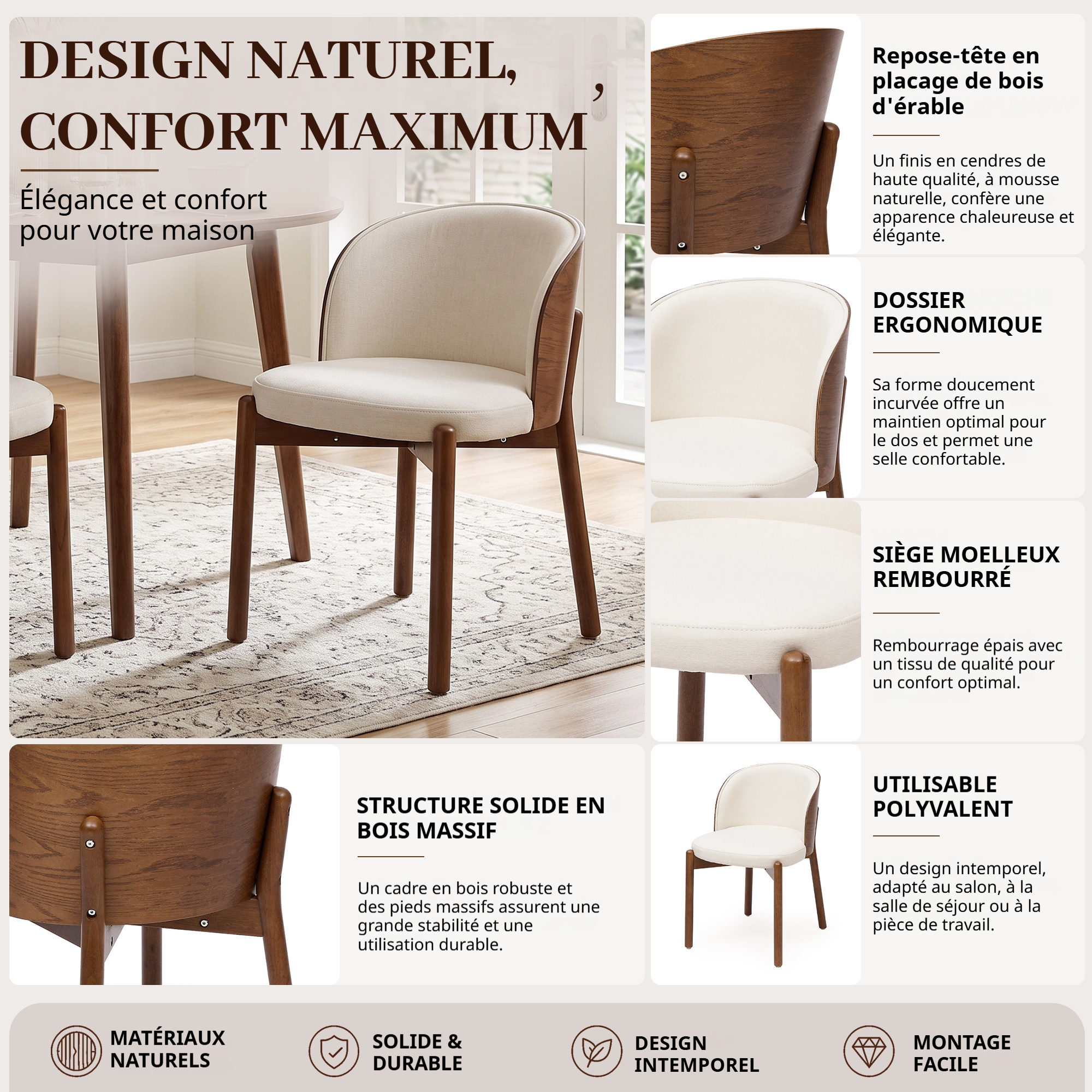 Chaise de salle à manger avec dossier enveloppant et structure en bois massif