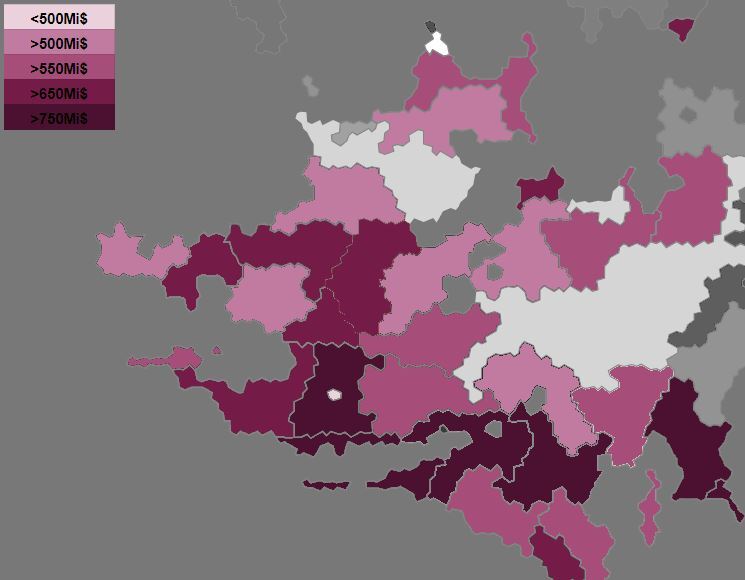Carte de l'Eurysie de l'Ouest 02/2012 - PIB total (Milliard $)