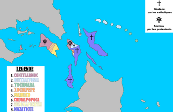 Carte des principales ethnies de l'archipel et leurs soutiens occidentaux.