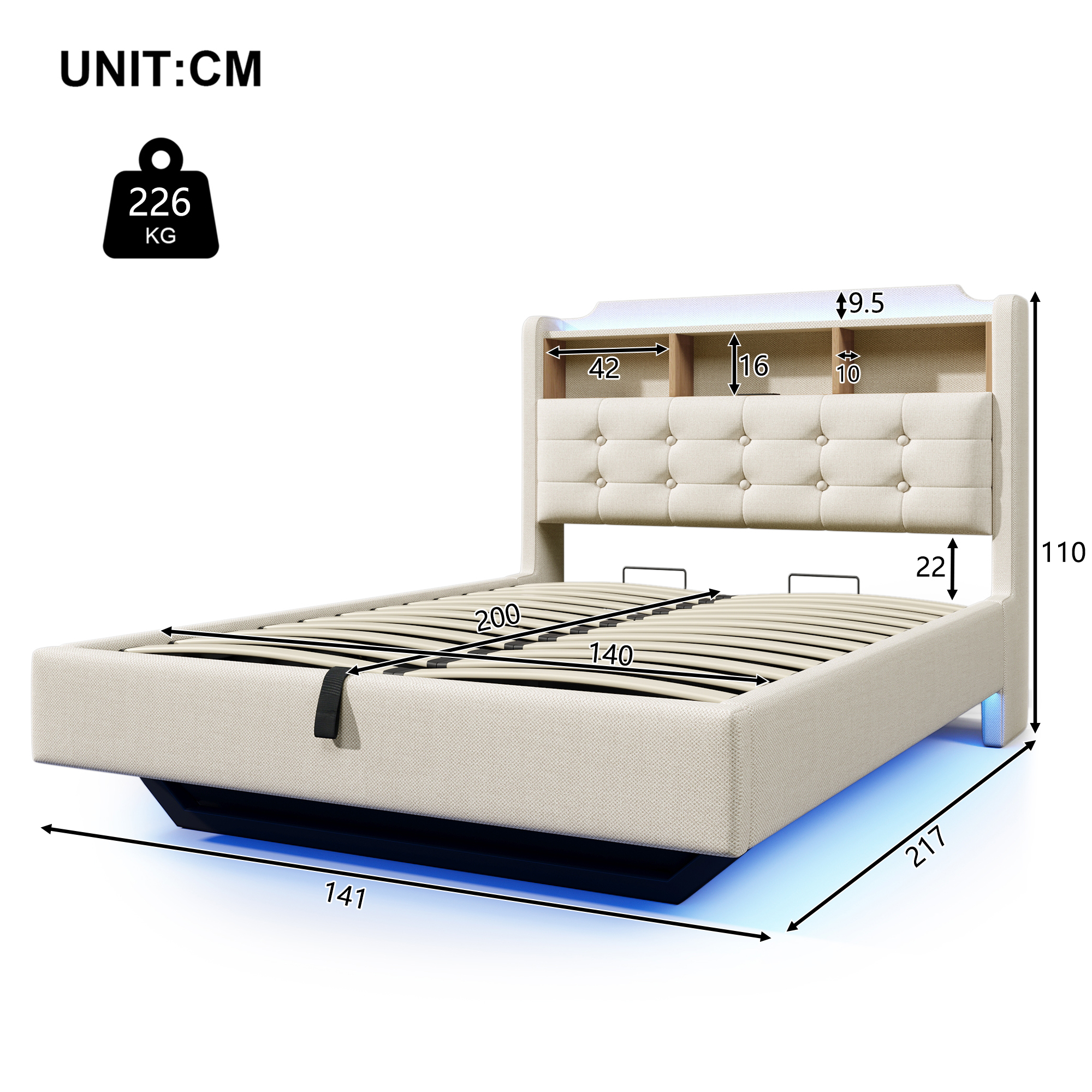 Lit beige 140 x 200 cm avec design effet flottant