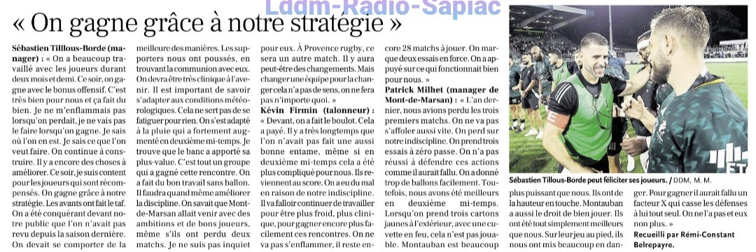 INFOS ce SAMEDI 07 SEPTEMBRE (Matinée) > RÉSULTAT Pro D2 - 2ÈME Journée > Hier soir à Sapiac > (BO) USM 35 - 19 MONT de MARSAN <> Tous les RÉSULTATS > Le CLASSEMENT <> L'ANALYSE et la FICHE TECHNIQUE du MATCH <> RUGBY RÉGIONAL Tu7j2g