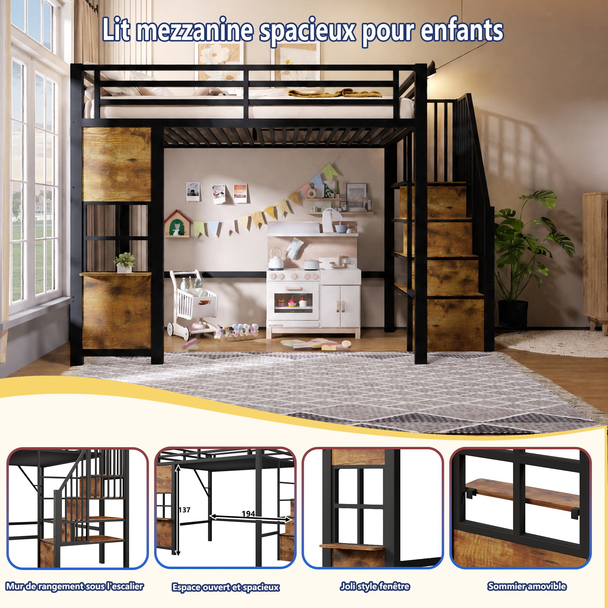 Espace modulable sous le lit mezzanine noir