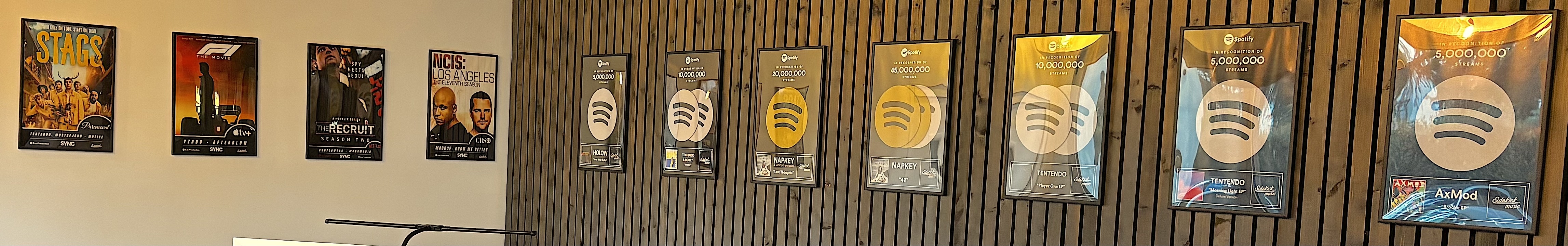 Music production studio with mixing console