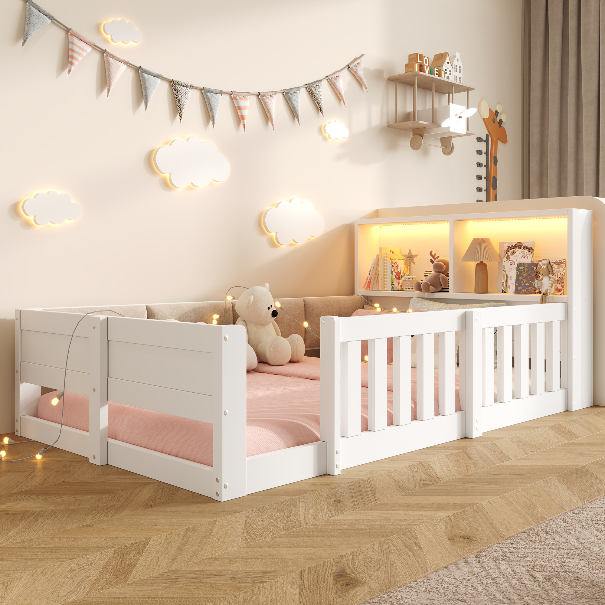 Lit enfant bas blanc 90 x 200 cm avec barrières latérales