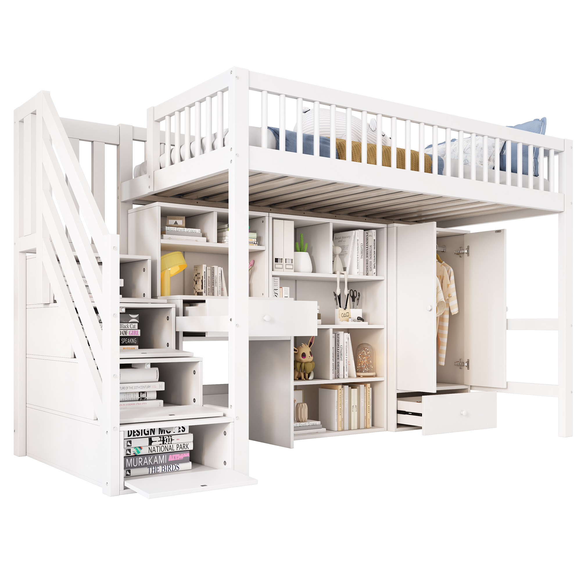 Lit mezzanine enfant blanc avec bureau, armoire, étagères, tiroirs et escalier de rangement