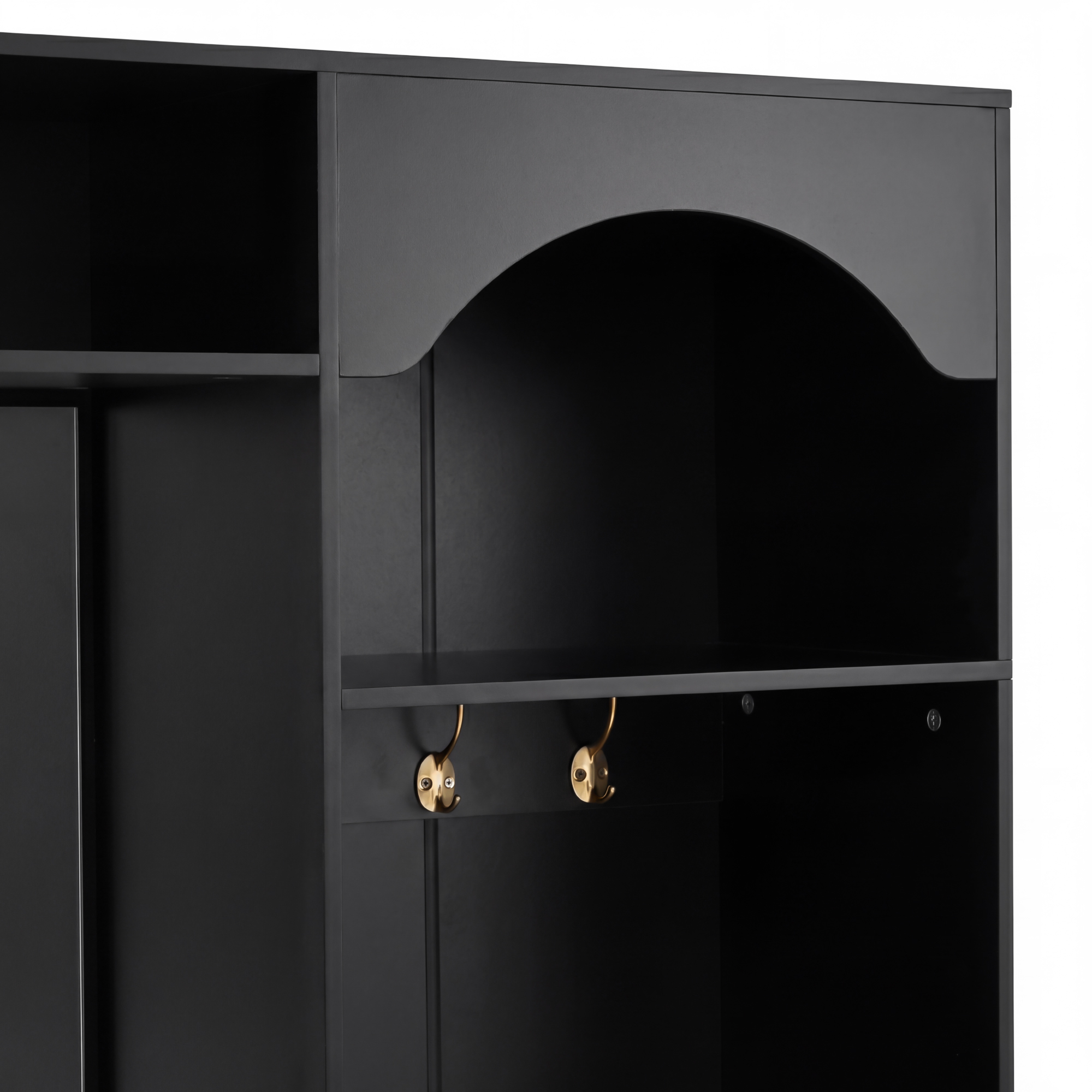 Grand miroir patères et banquette du meuble d'entrée noir