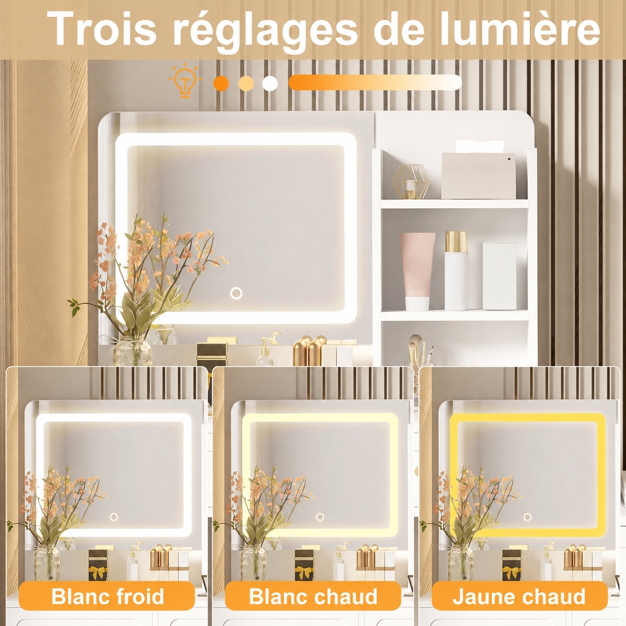 Miroir LED avec trois températures de couleur de la coiffeuse blanche