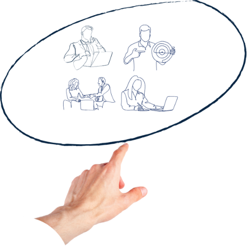 Main pointant vers le haut avec bulle de pensée