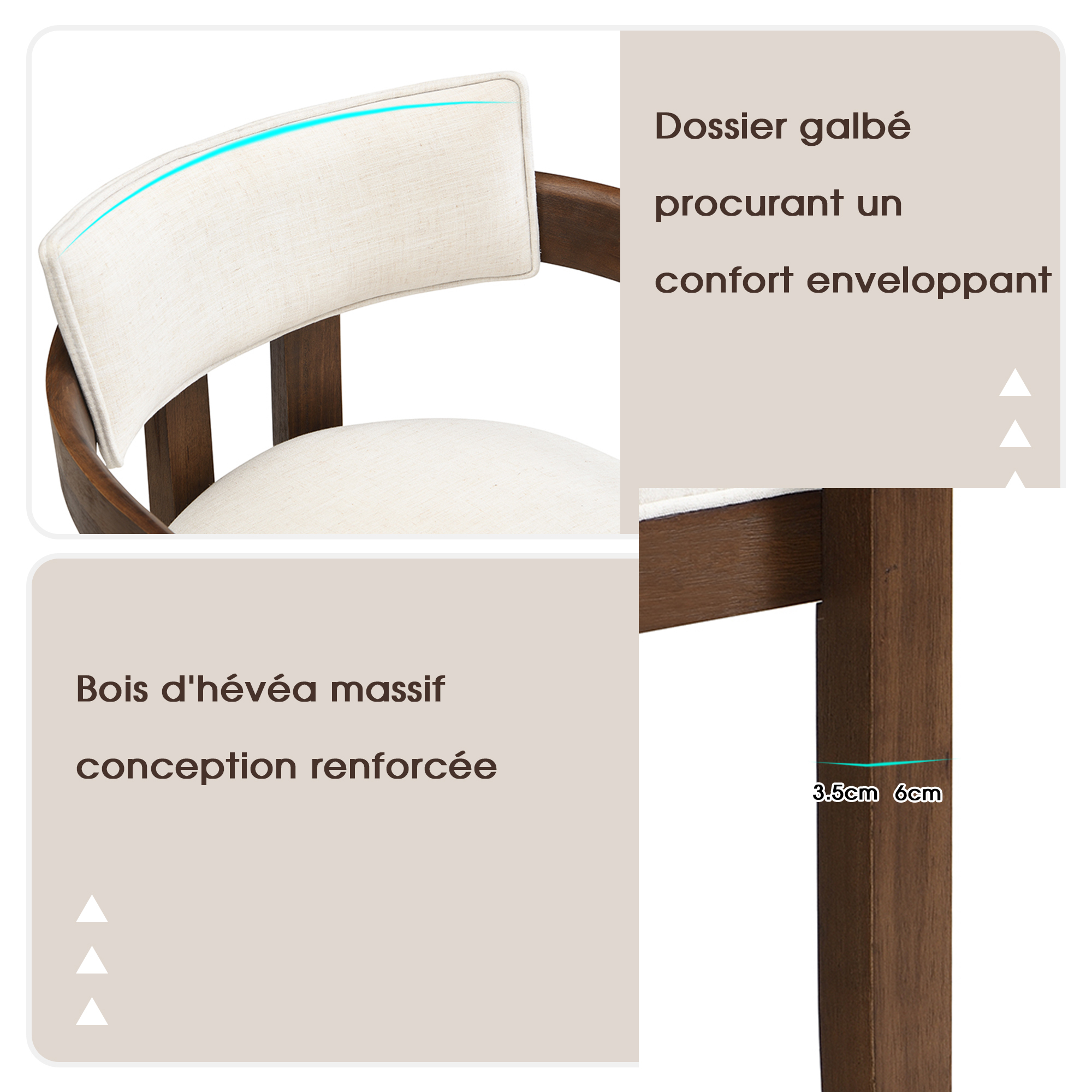 Dossier galbé et structure en bois d'hévéa massif