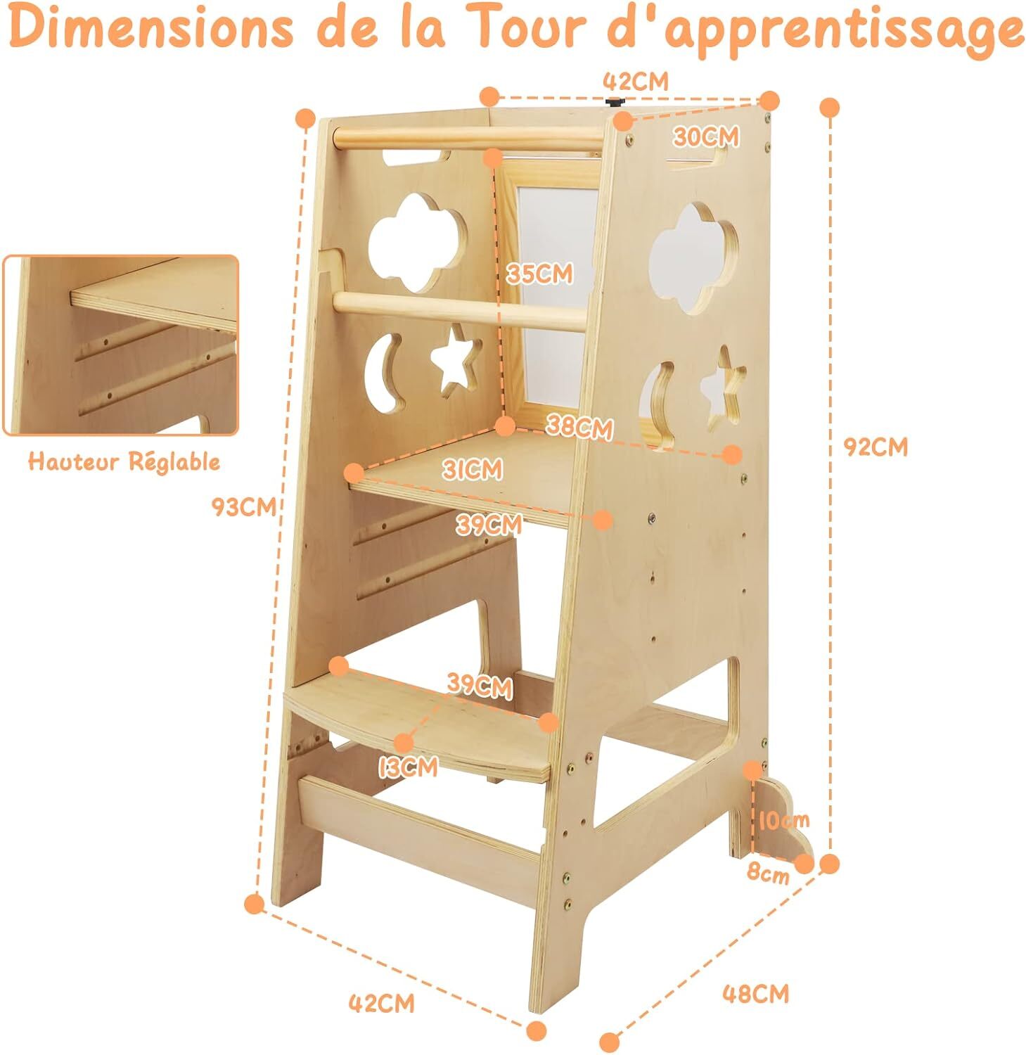 Tour D'Apprentissage Enfant Moziel - 3 Hauteurs Réglables - Bois - Style Montessori - Noir