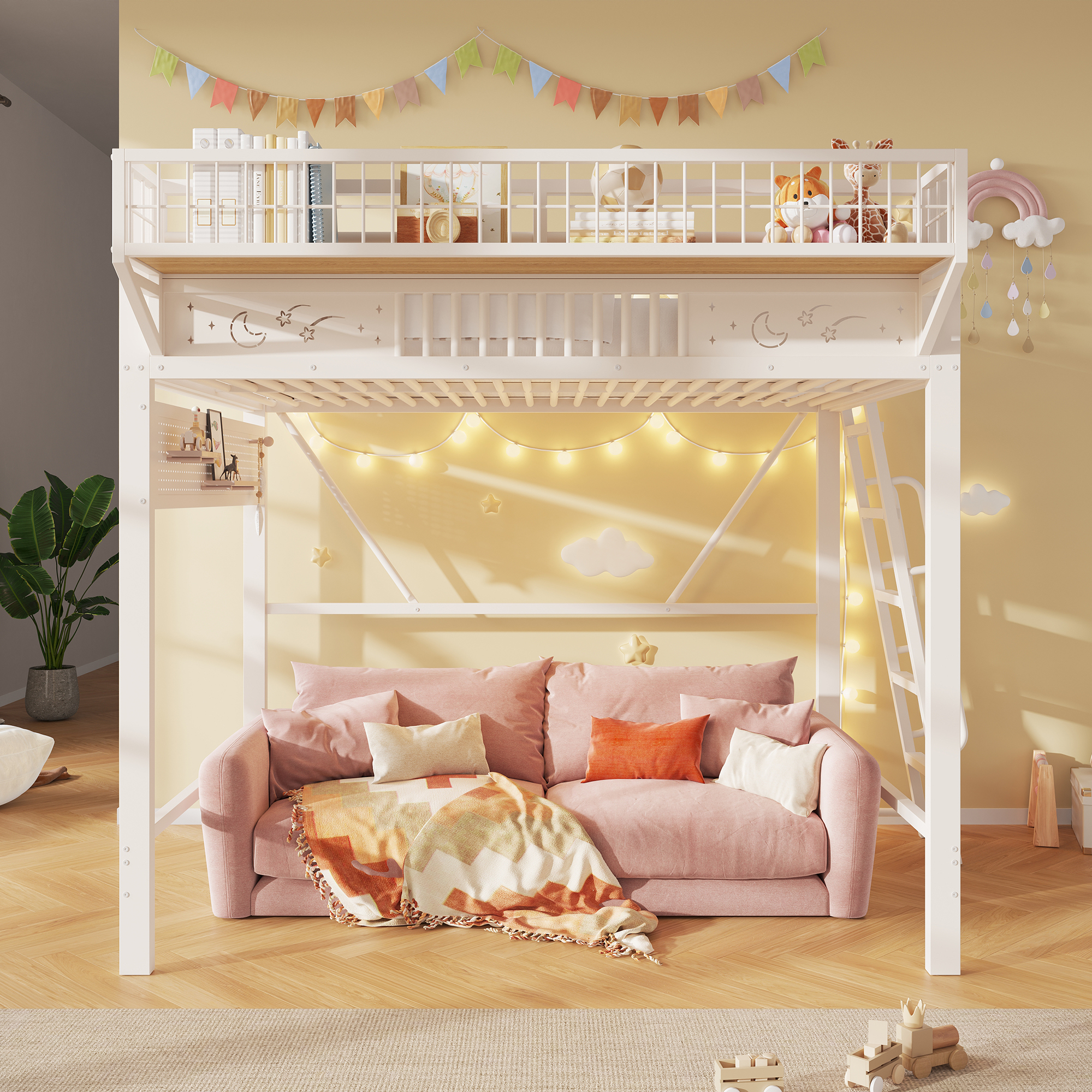 Lit mezzanine blanc 140 x 200 cm avec grand espace inférieur
