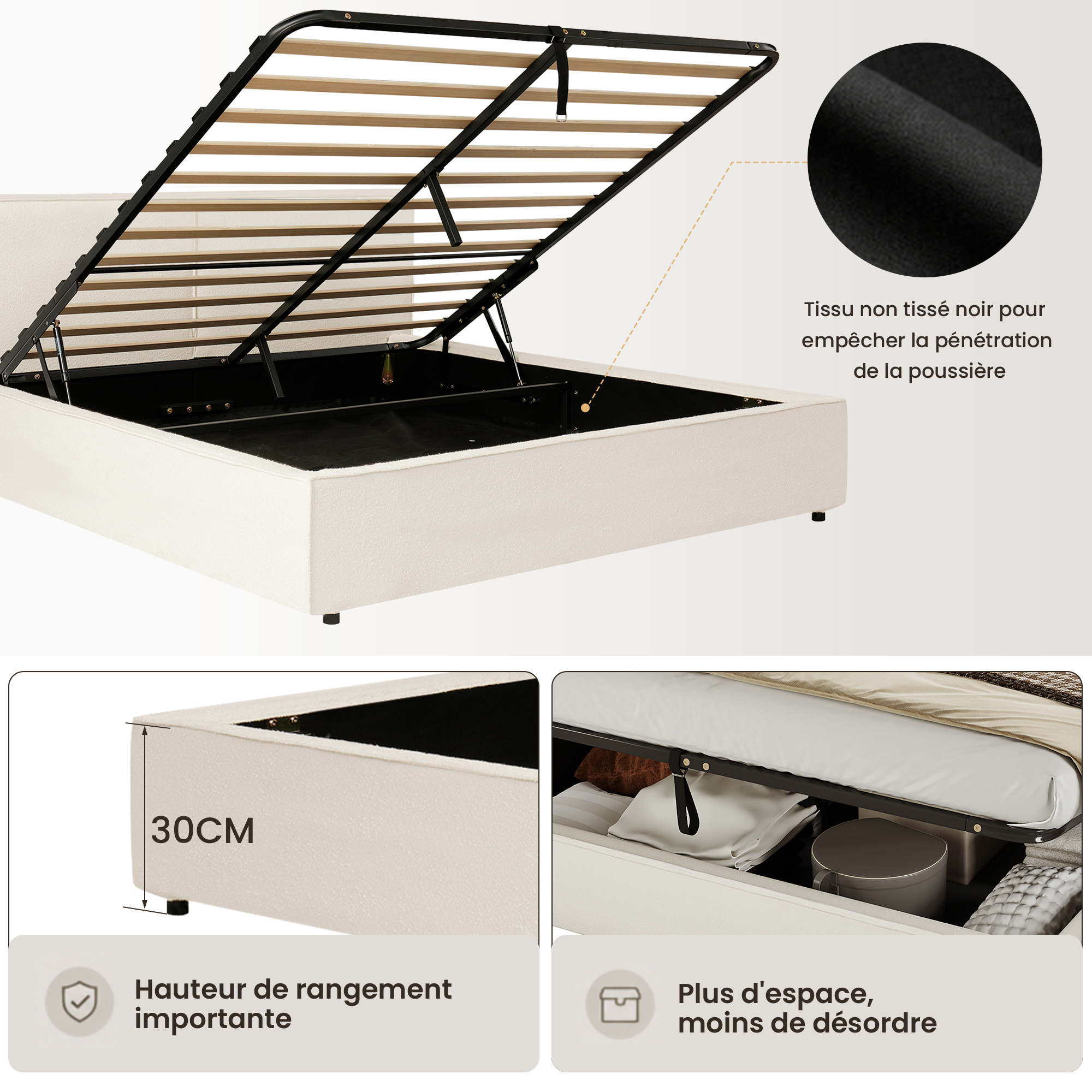 Lit double avec rangement hydraulique sous le couchage