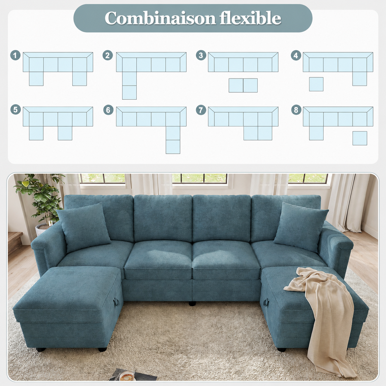 Différentes configurations du canapé modulable bleu avec deux poufs mobiles