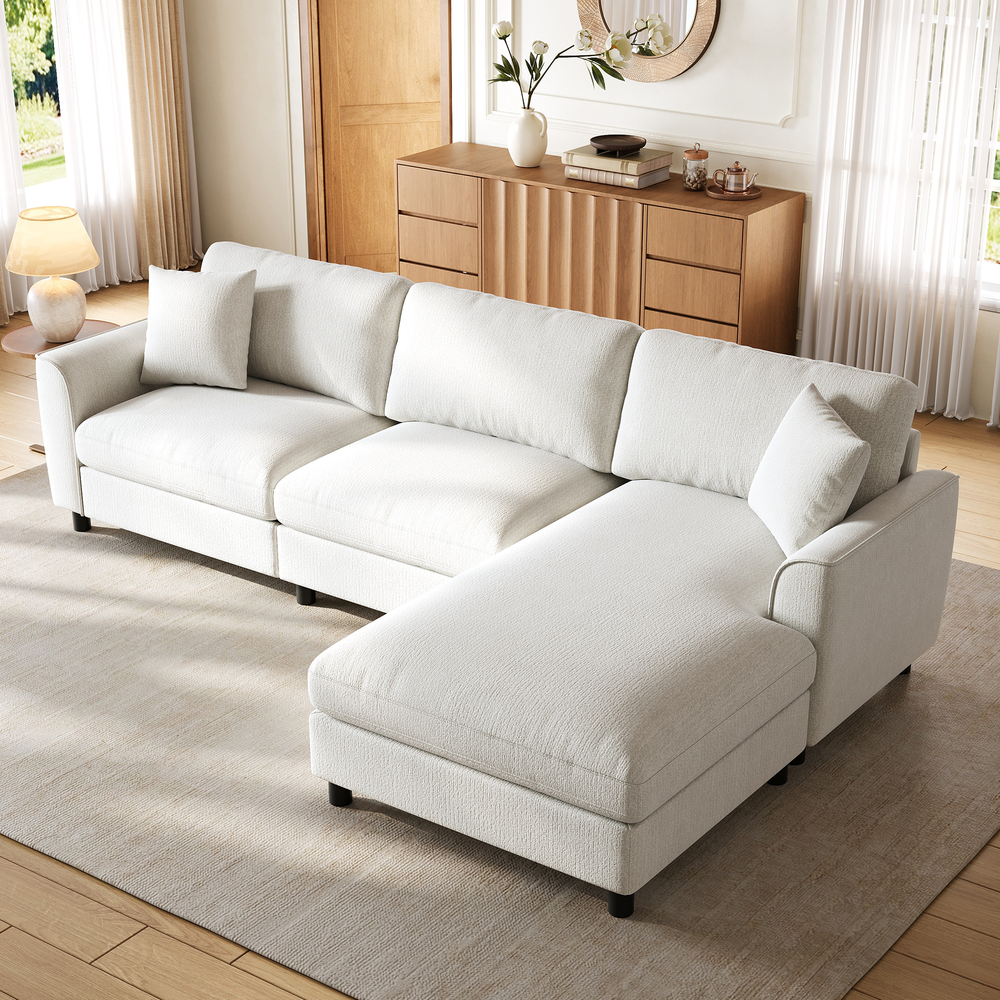 Revêtement en chenille beige du canapé d'angle
