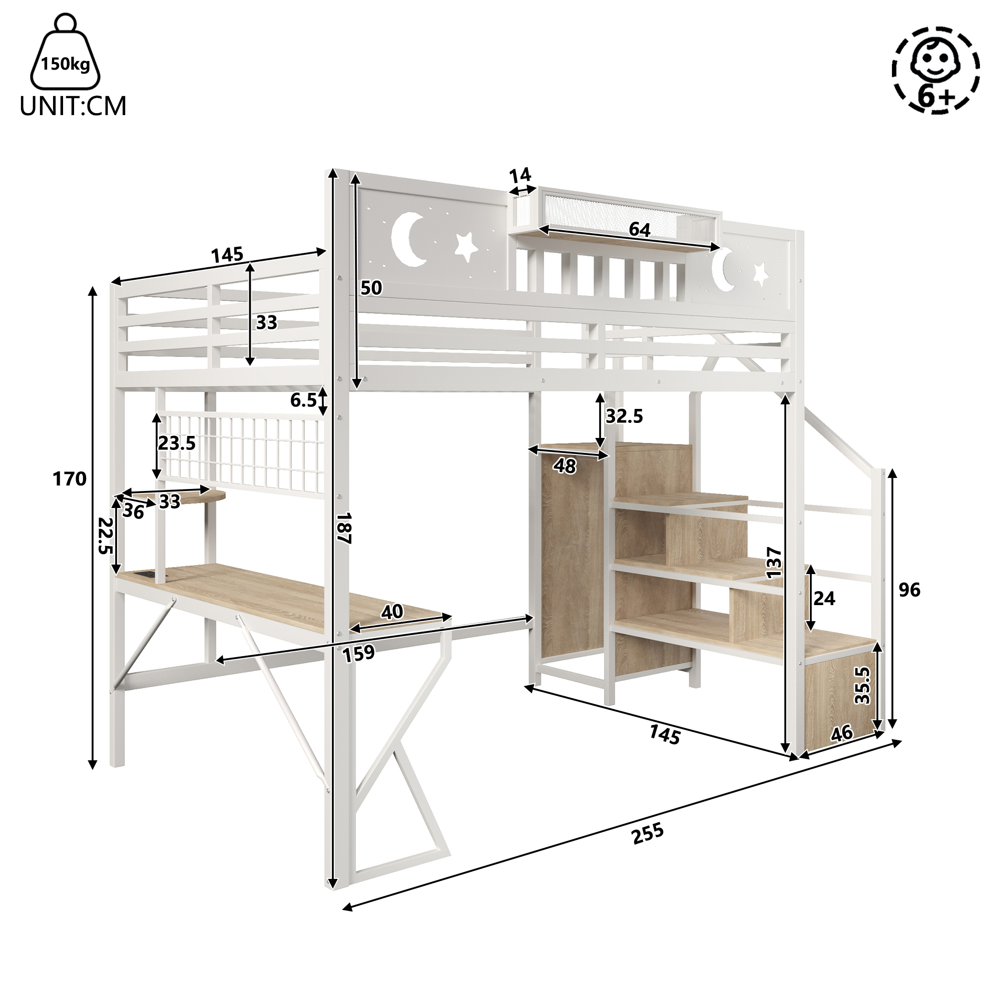 Structure du lit mezzanine blanc avec garde-corps et renforts en K