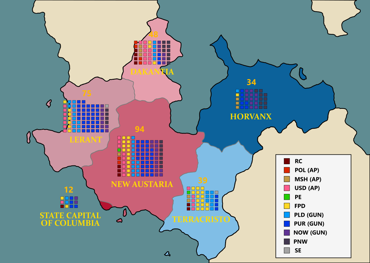 Carte de répartition des 302 sénateurs nouvellement élus ou réélus dans chaque État-Républicain de la Grande République de Westalia, à la suite des sénatoriales primaires de septembre 2019. Carte de répartition des 302 sénateurs nouvellement élus ou réélus dans chaque État-Républicain de la Grande République de Westalia, à la suite des sénatoriales primaires de septembre 2019.
