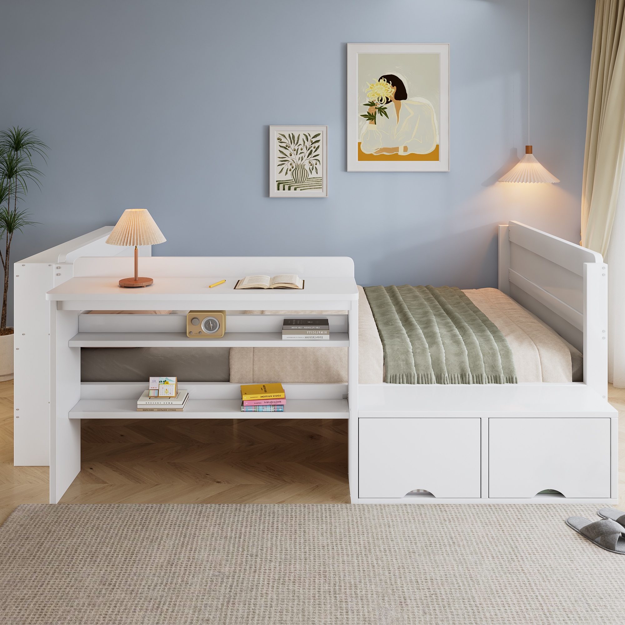 Lit blanc 120 x 200 cm avec bureau et rangements intégrés