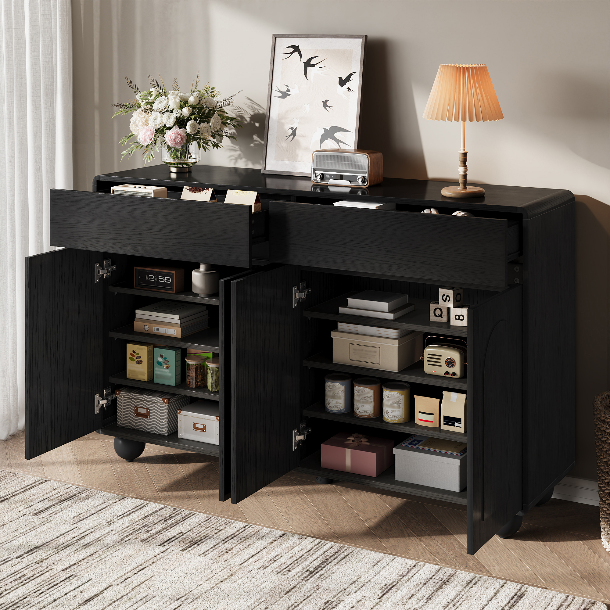 Deux tiroirs et quatre portes de rangement du buffet noir