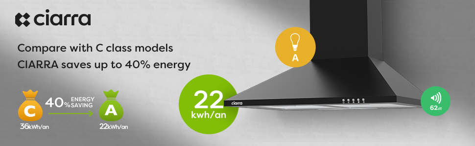 CIARRA 201BK60 Cooker Hood 60cm With Carbon Filters 370m3/h Class A Wall Mounted Extractor Hood - Black 10 cooker hood