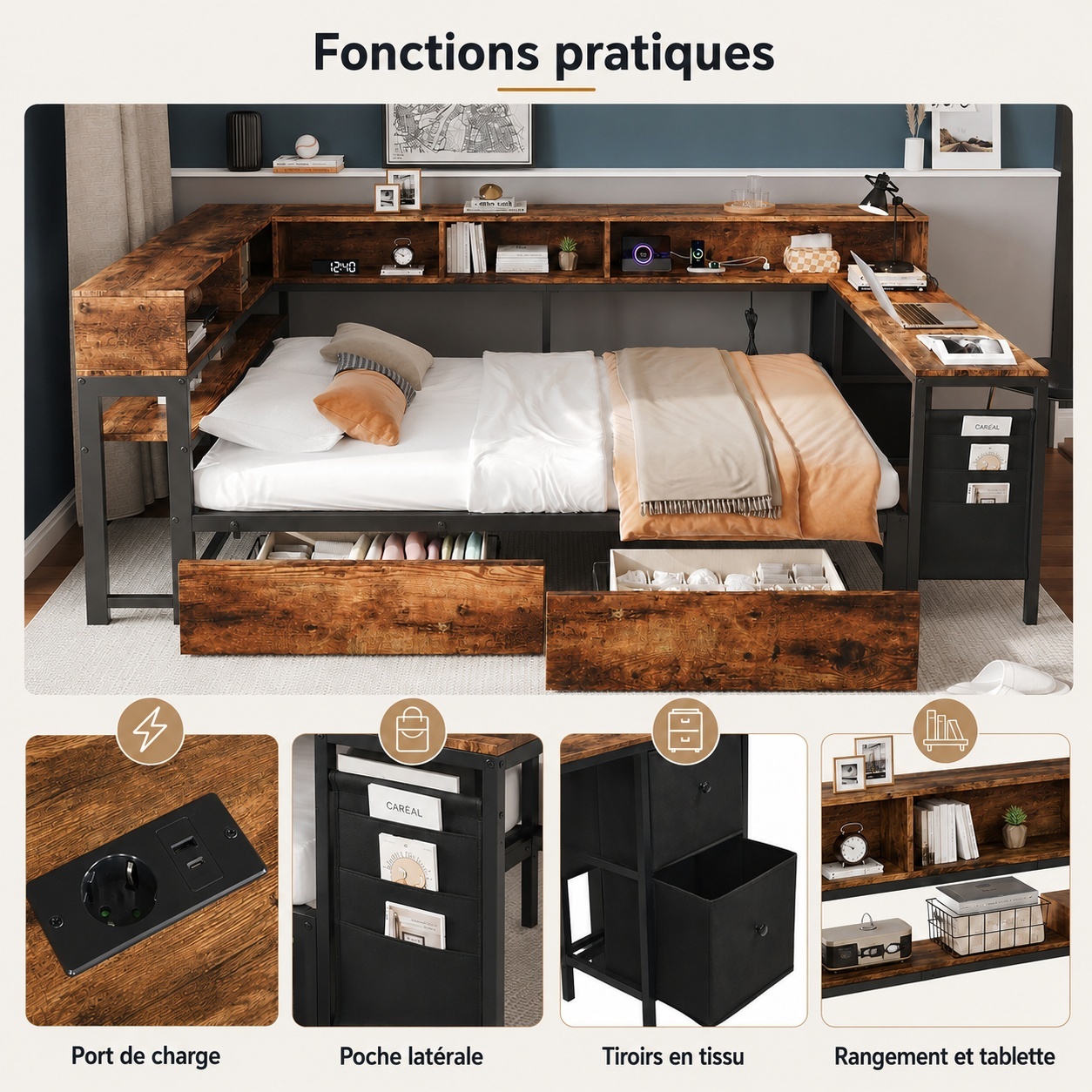 Étagères niches tiroirs en tissu et poche latérale intégrés au lit