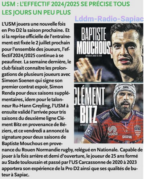 INFOS ce VENDREDI 21 JUIN 2024 (Matinée) > 2ÈME RECRUE OFFICIALISÉE par l'USM avec l'Arrière, ouvreur et buteur  Baptiste MOUCHOUS 25 ans jusqu'en 2026 <> USM PROLONGATIONS > DÉPARTS et ARRIVÉES <> CRABOS USM DEMI-FINALE <>  DEMI-FINALES TOP 14 Wntwbe